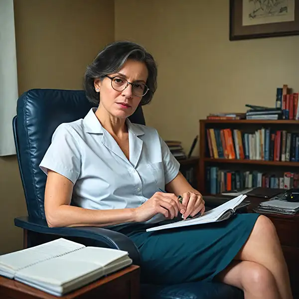AI-Generated photo of psychotherapist sitting in the chair with her notebook on her lap